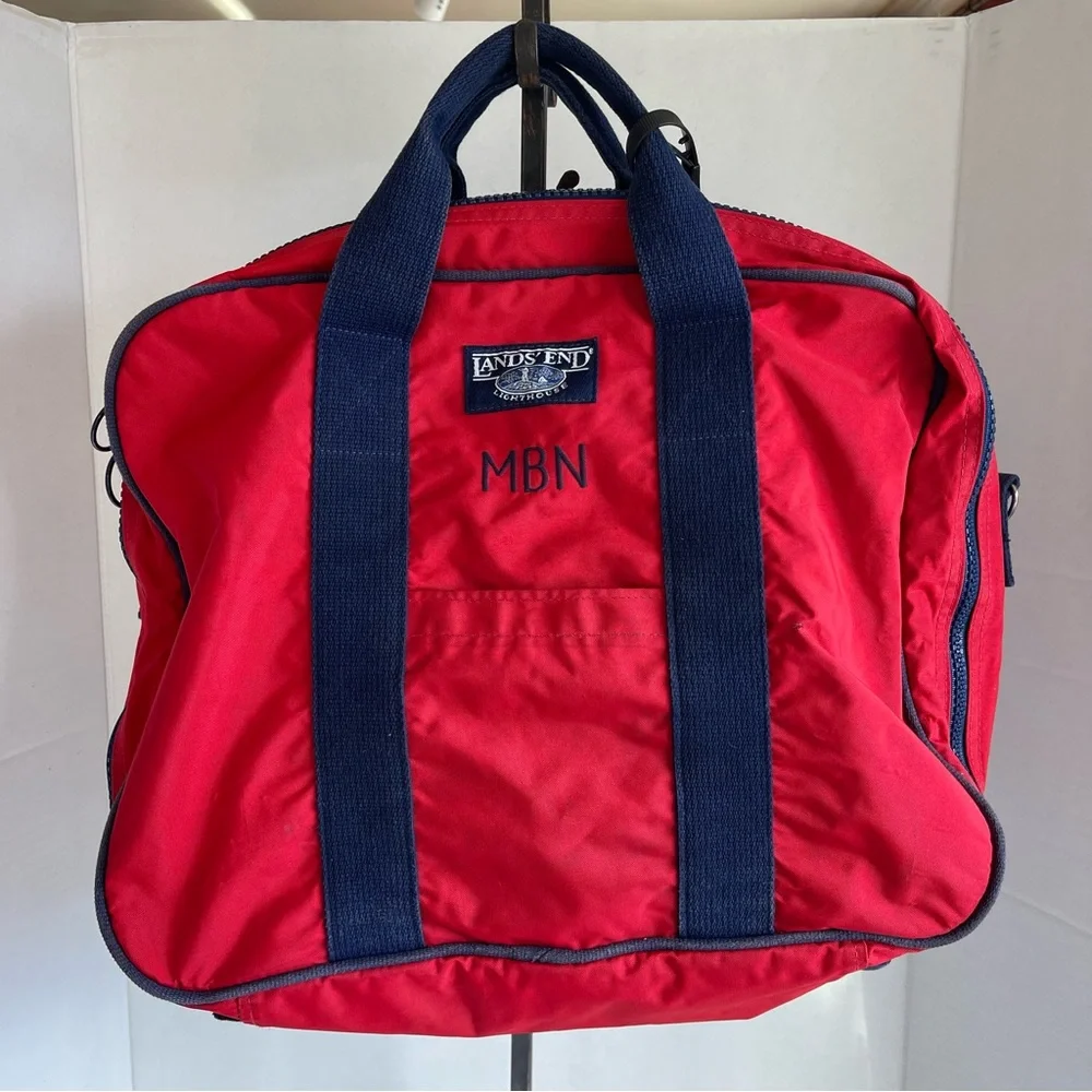 Vintage Lands End Square Bag Lighthouse Nylon Luggage Carry Red Wee MBN on It